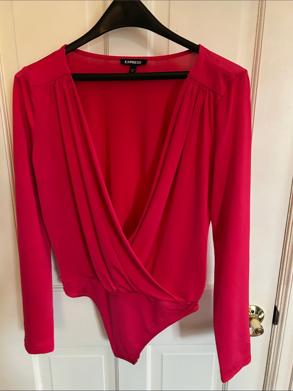 Express Hot Pink Surplice Long Sleeve Bodysuit